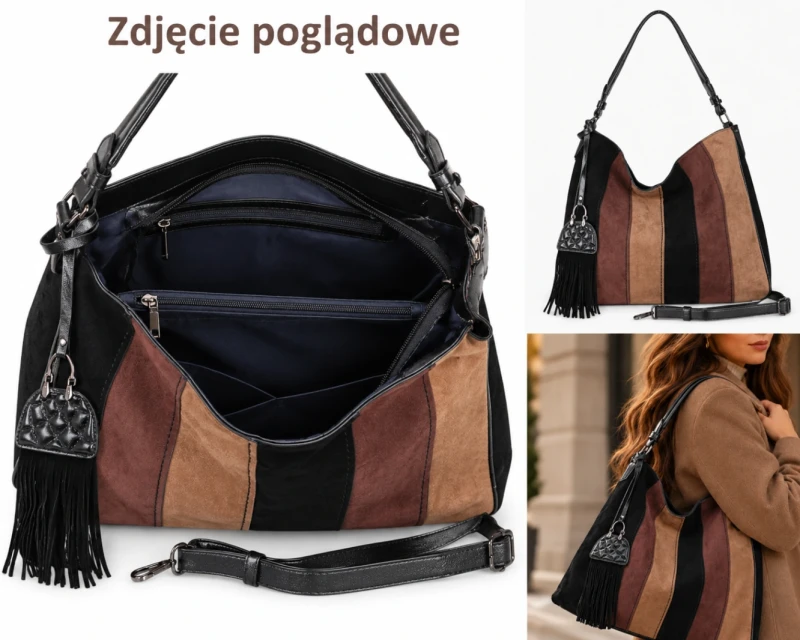 Maria C. Italy Zamszowa Torebka Damska Worek A4 | Multikolor | Brelok| Długi pasek