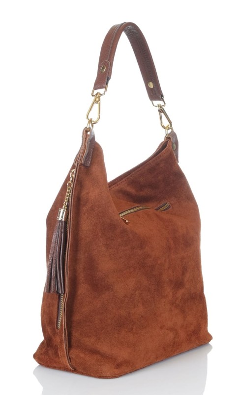 VERA PELLE Włoska brązowa zamszowa torebka ZJ15