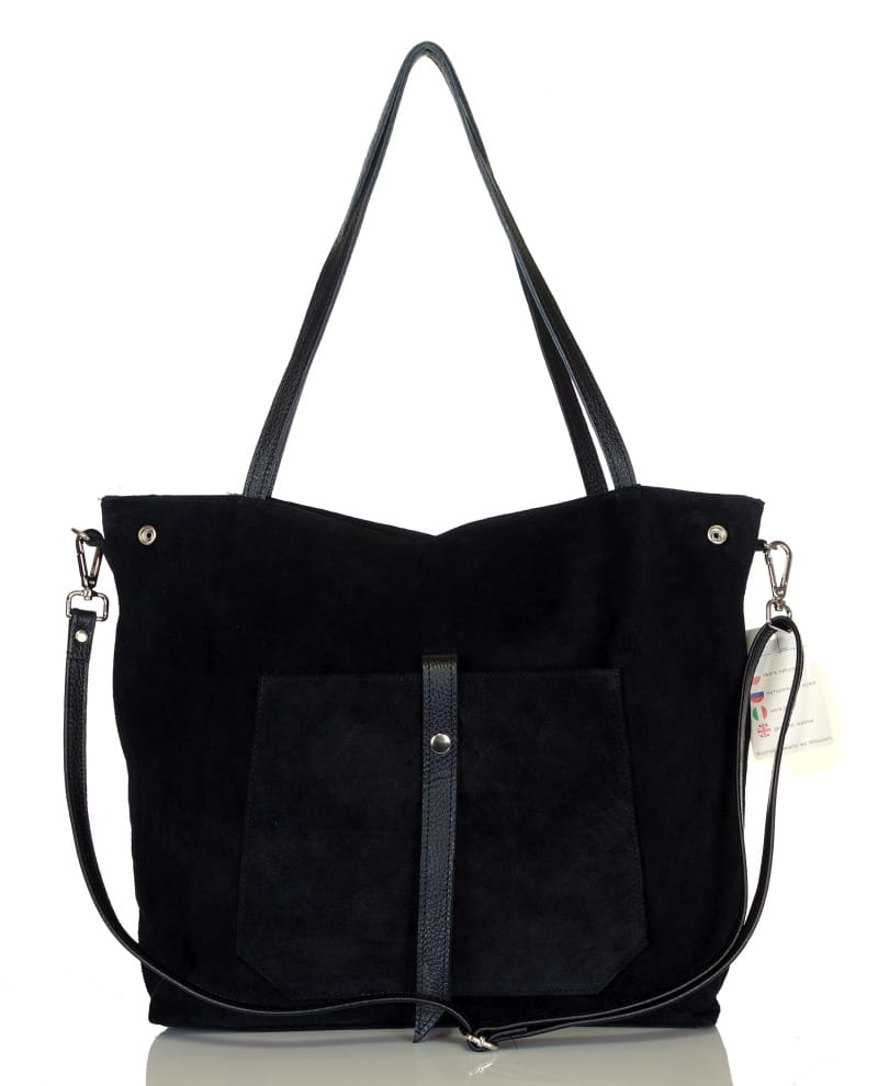 Włoski czarny zamszowy shopper SKÓRA