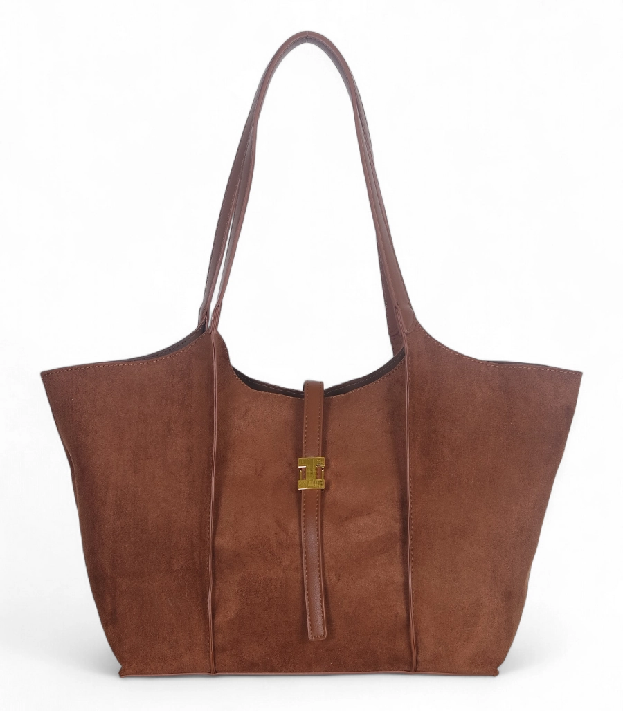 Torebka zamszowa Gallantry Paris – elegancki shopper bag z kosmetyczką i złotymi okuciami