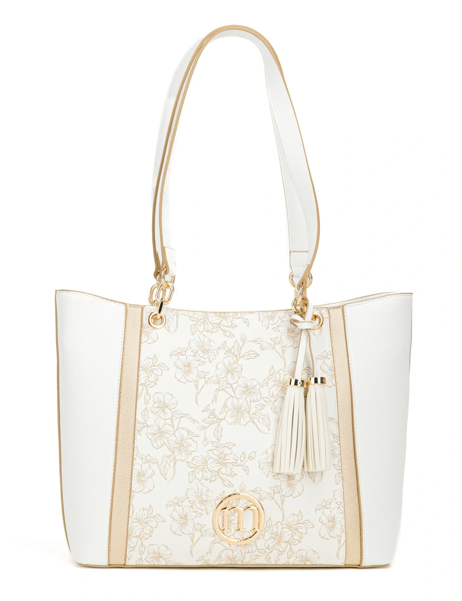 Elegancka Torebka Shopper MONNARI Premium – Biała w Kwiaty z Frędzlami