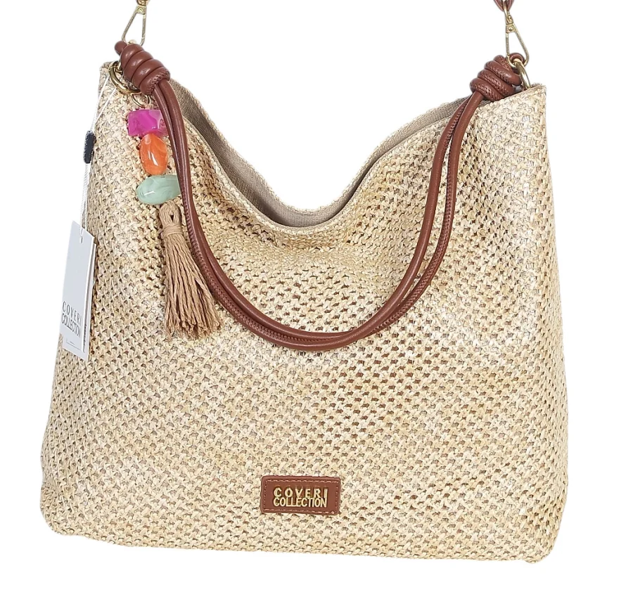 Pleciona torebka damska worek Coveri Italy – Stylowy shopper z brelokiem